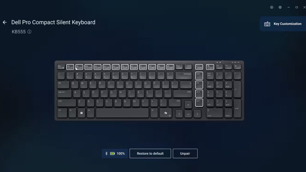 Teclado Dell Pro Compact Silent Keyboard (KB555) com opções para restaurar o padrão e desemparelhar