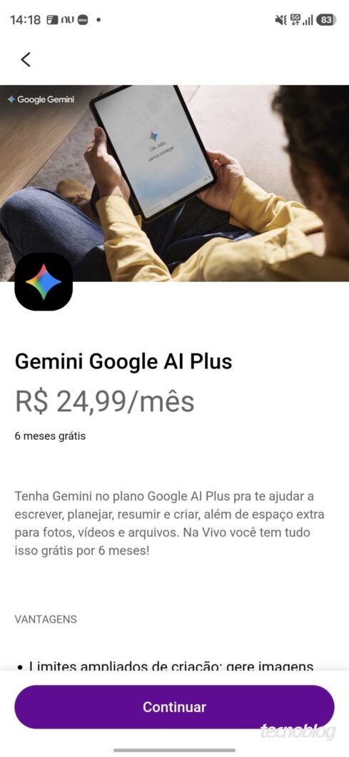 Imagem mostra a oferta do Gemini Google AI Plus no app Vivo