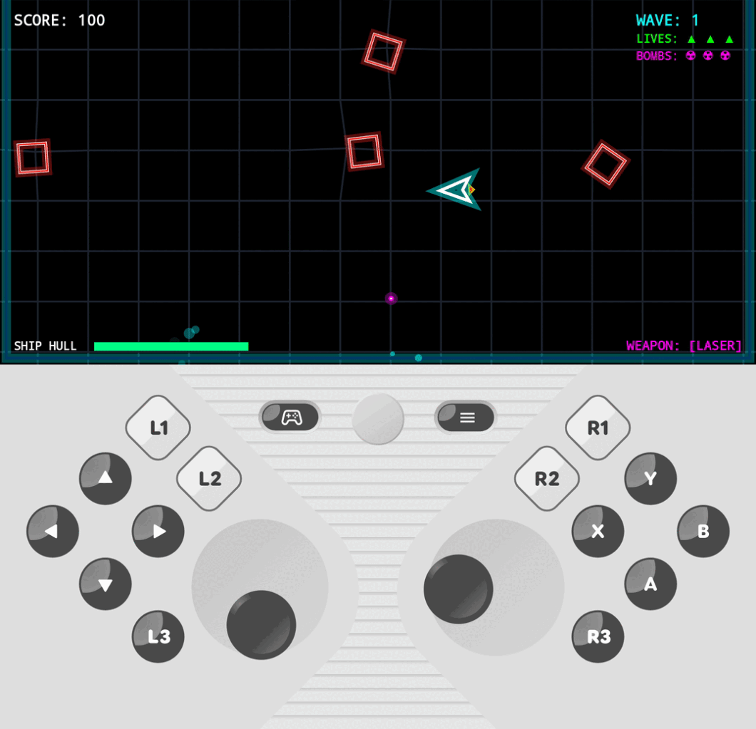 GIF de um jogo sendo rodado em uma tela dobrável, com o gamepad na parte inferior da tela