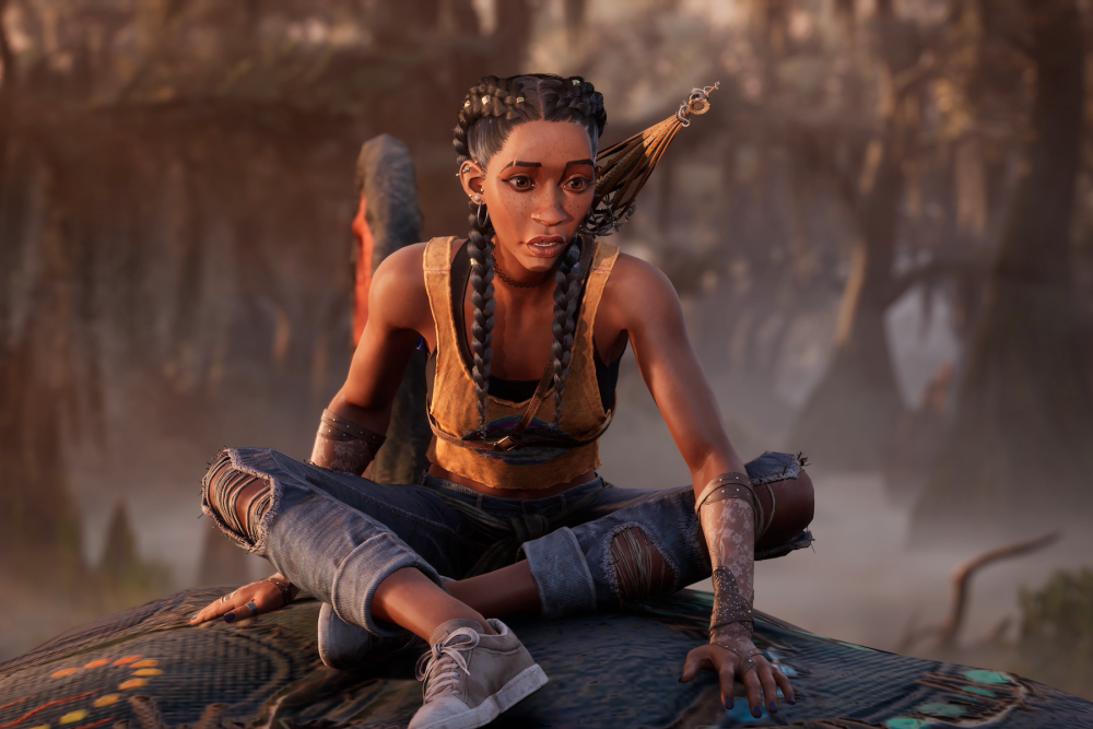 Imagem de South of Midnight, em que a protagonista, uma mulher negra com uma camisa laranja e calça rasgada, aparece em cima de um objeto.