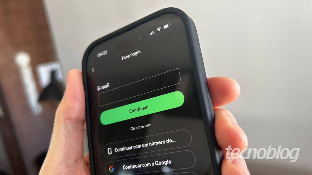 Tela de login no aplicativo do Spotify