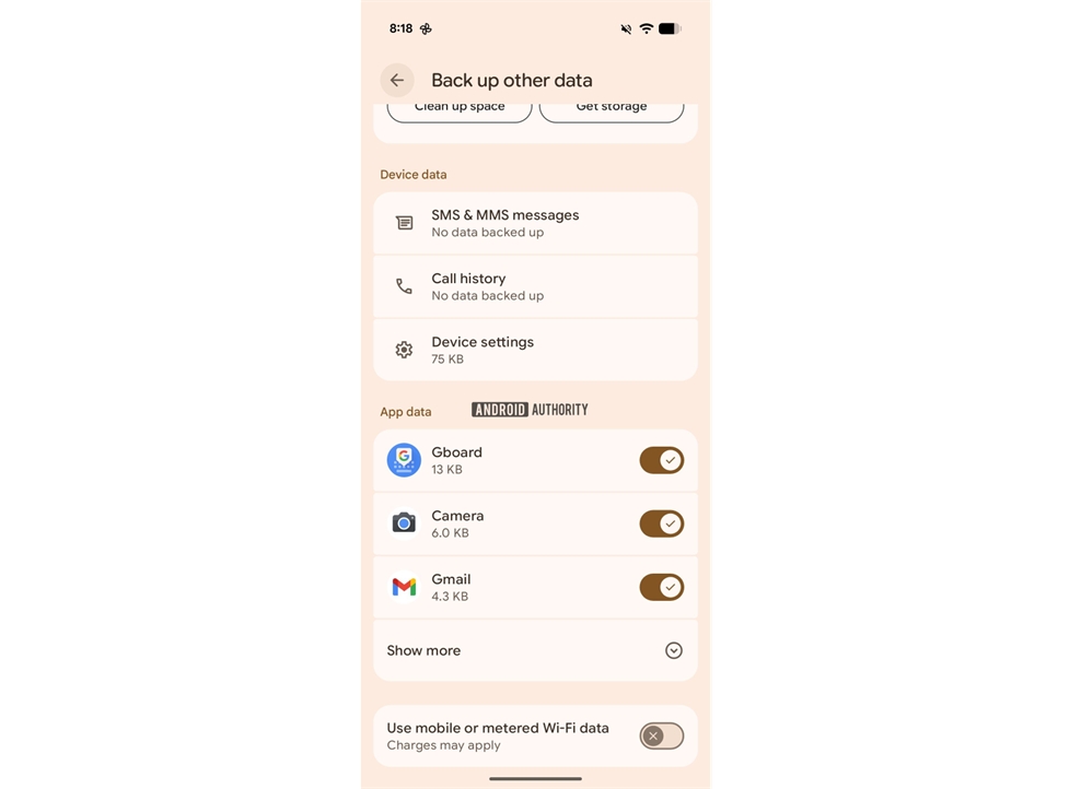 Tela de seleção de apps para backup no Android, ainda em teste