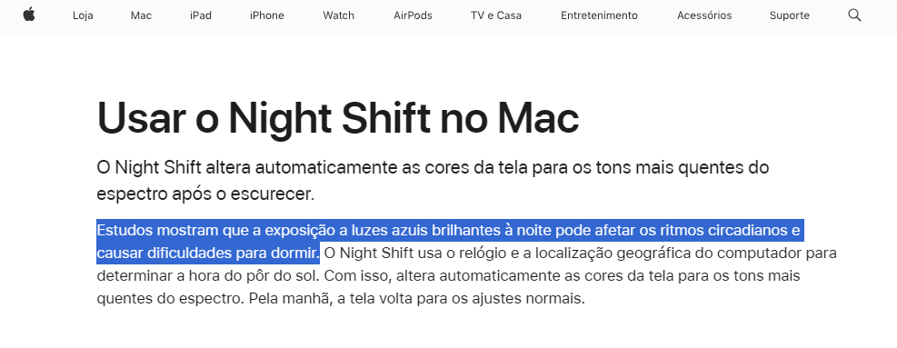 Texto da Apple sobre o Night Shift