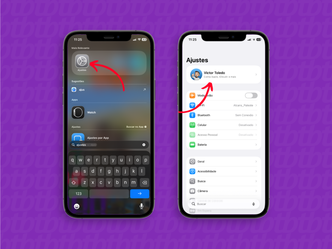  abrir “Ajustes” e acessar a conta Apple no iCloud para trocar o e-mail