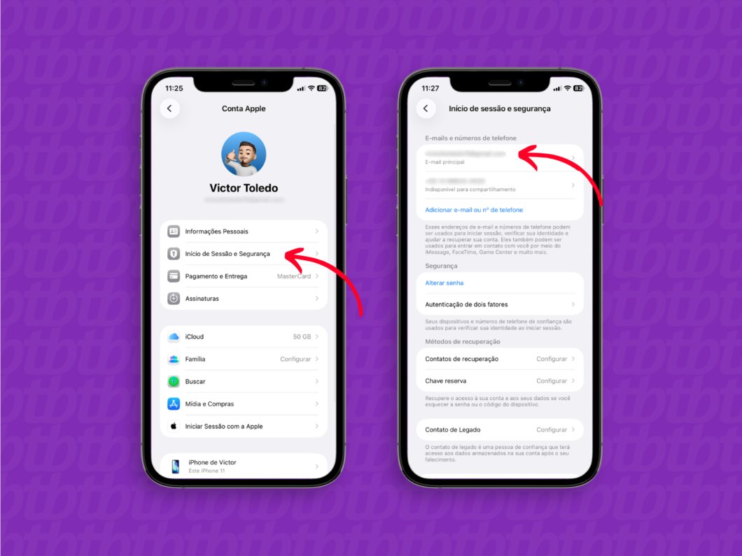Configurações da Conta Apple no iPhone, com destaque para “E-mail principal” em “Início de sessão e segurança”