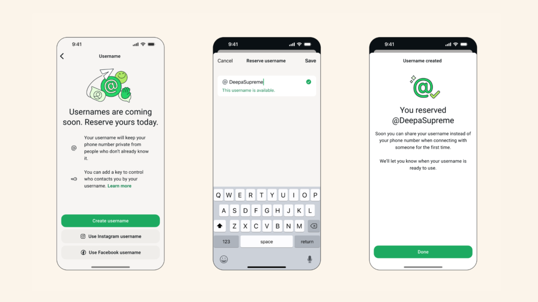 Telas do WhatsApp mostrando a reserva de nome de usuário: “Reserve username”