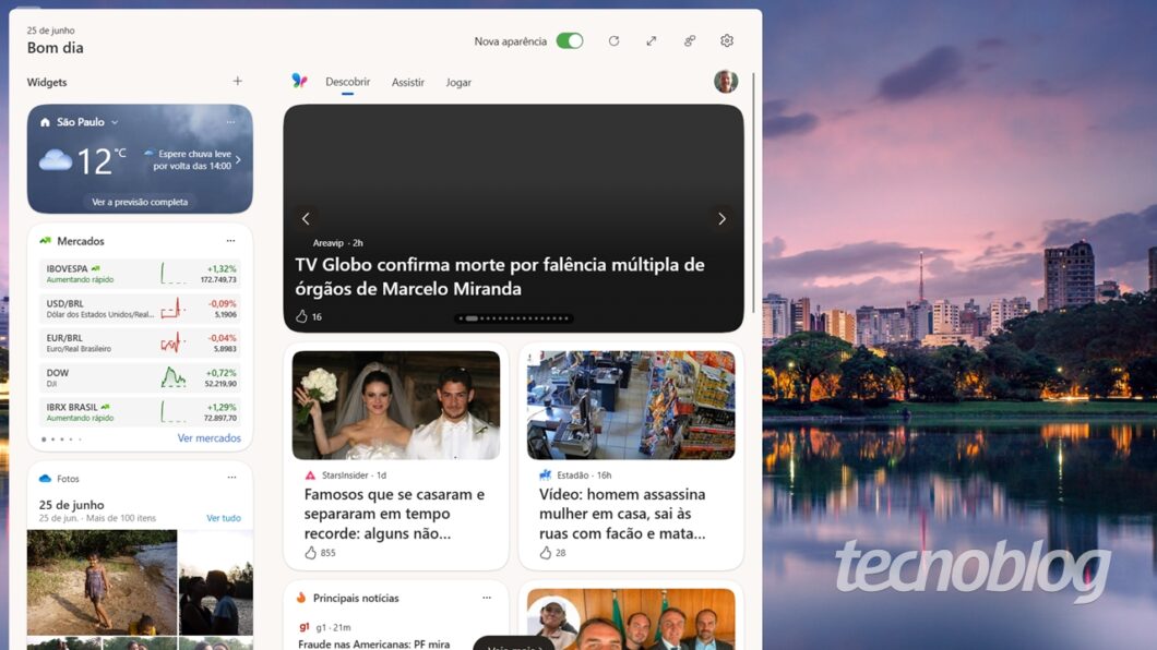 Painel de widgets anterior do Windows 11