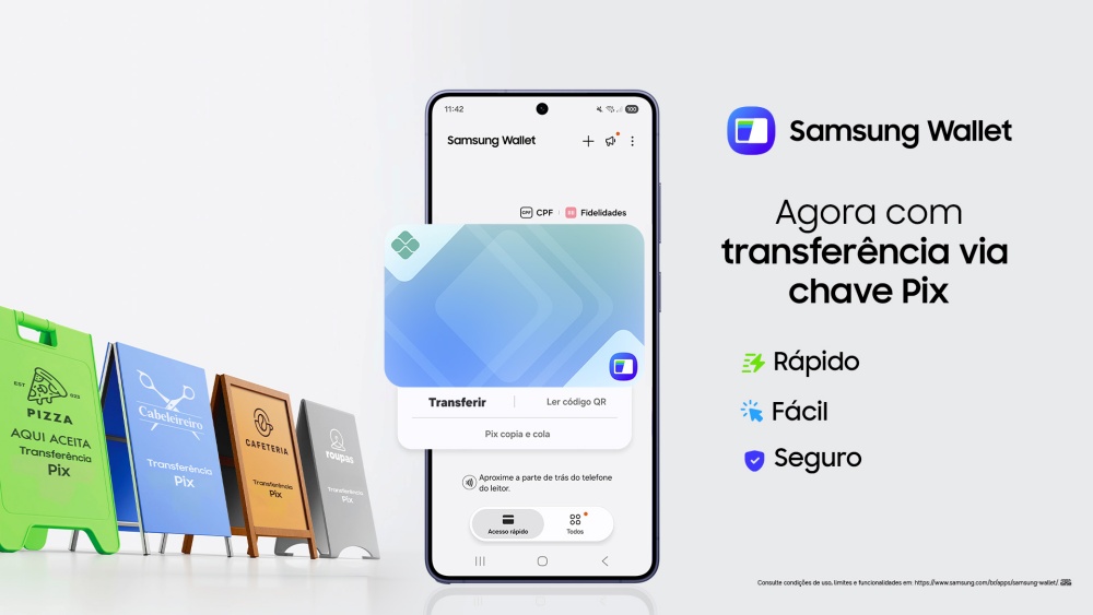 Imagem de divulgação mostra que transferência via chave Pix agora é um recurso do app Samsung Wallet