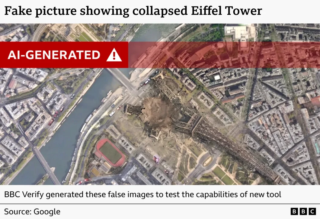 Imagem com moldura branca. No topo, lê-se "Fake picture showing collapsed Eiffel Tower". A ilustração central exibe uma vista aérea da Torre Eiffel tombada e destruída no meio de uma área urbana com edifícios e um rio ao lado. Sobre a foto, uma faixa vermelha exibe "AI-GENERATED" com um triângulo de alerta. Na parte inferior, constam os textos "BBC Verify generated these false images to test the capabilities of new tool" e "Source: Google", com a marca "BBC" no canto direito.