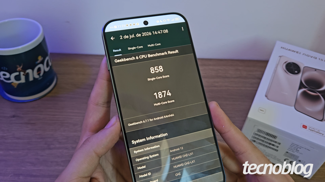 Testes no Geekbench 6 (CPU): 858 no single-core e 1.874 no multi-core no Huawei Nova 15 Max