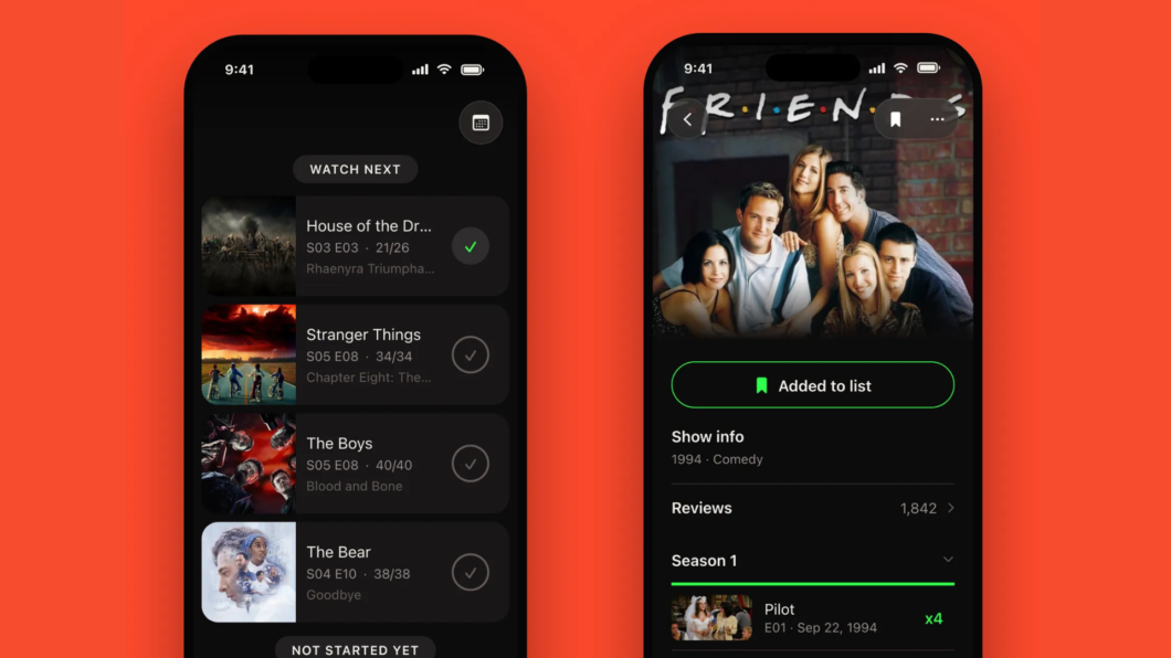 Duas telas de celular do app Bingers, com lista “Added to list” e “Show info” para episódios de séries