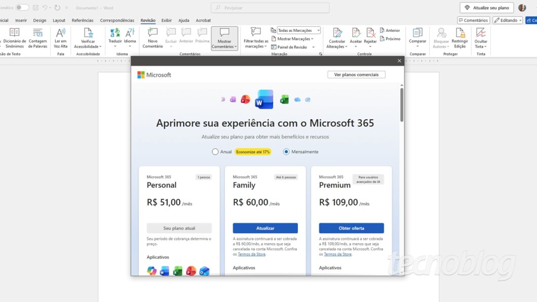 Janela que aparece para quem assina o Microsoft 365 Personal