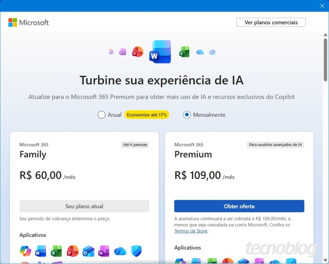 Janela que aparece para quem assina o Microsoft 365 Family