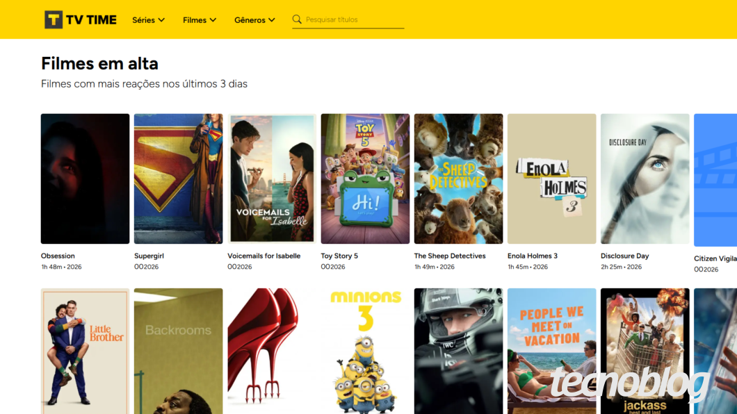 Grade de filmes em alta no site TV Time