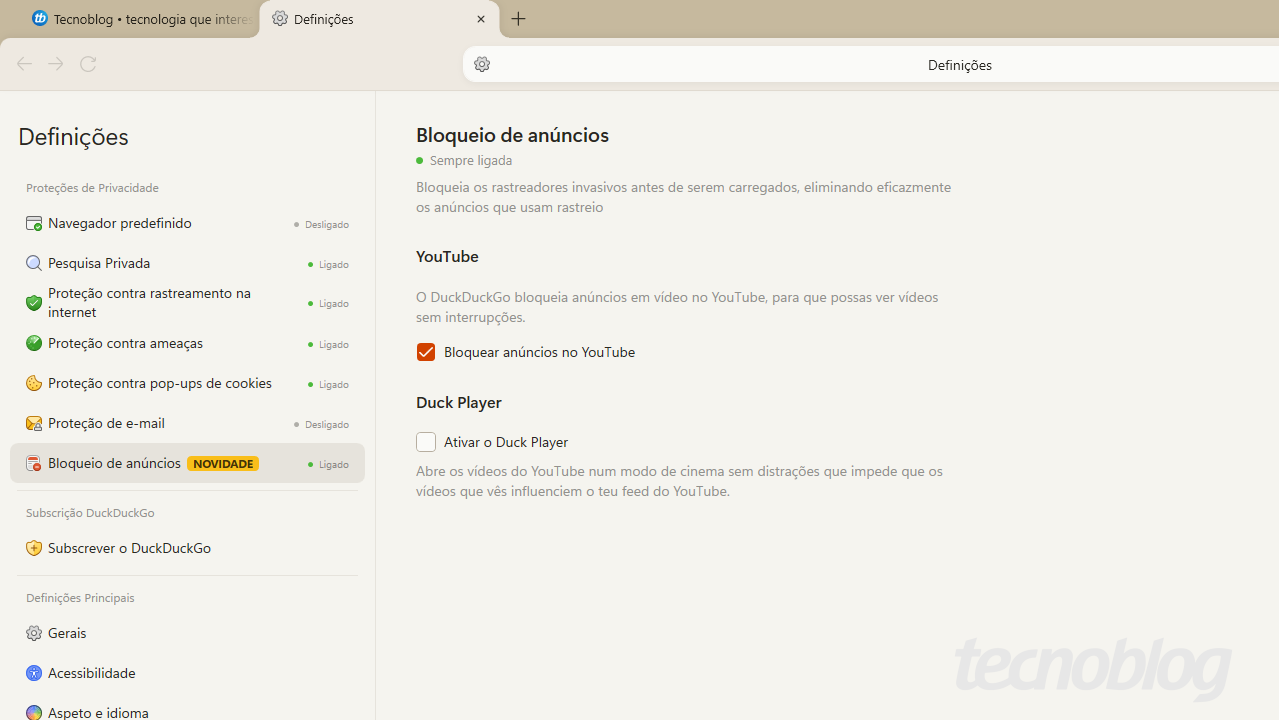 Tela de “Definições” com “Bloquear anúncios” ativado e “Bloquear anúncios no YouTube” marcado por padrão