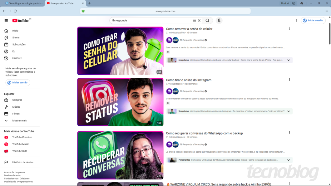 Captura do YouTube exibindo vídeos sugeridos do canal TB Responde, do Tecnoblog