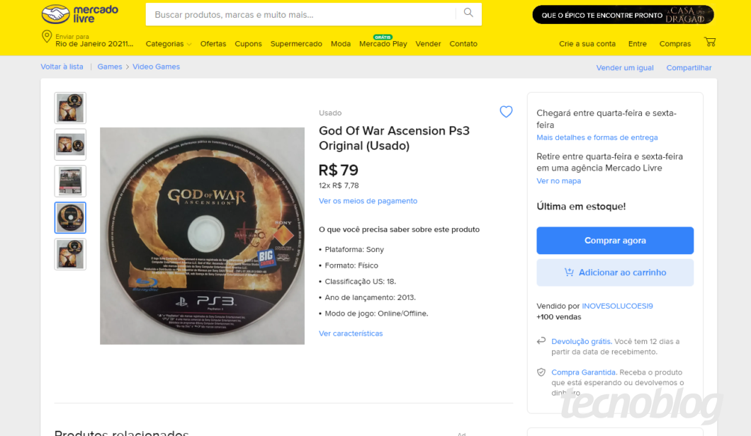 Anúncio do jogo God Of War Ascension de PS3 (imagem: reprodução/Mercado Livre)
