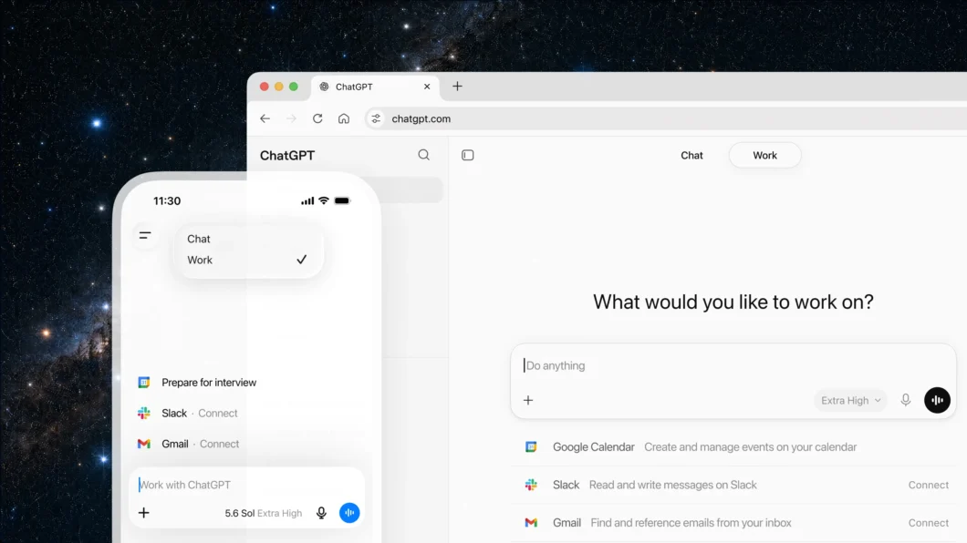 Captura de tela do ChatGPT Work com integração nativa do Slack e Gmail para conectar ferramentas e automatizar tarefas