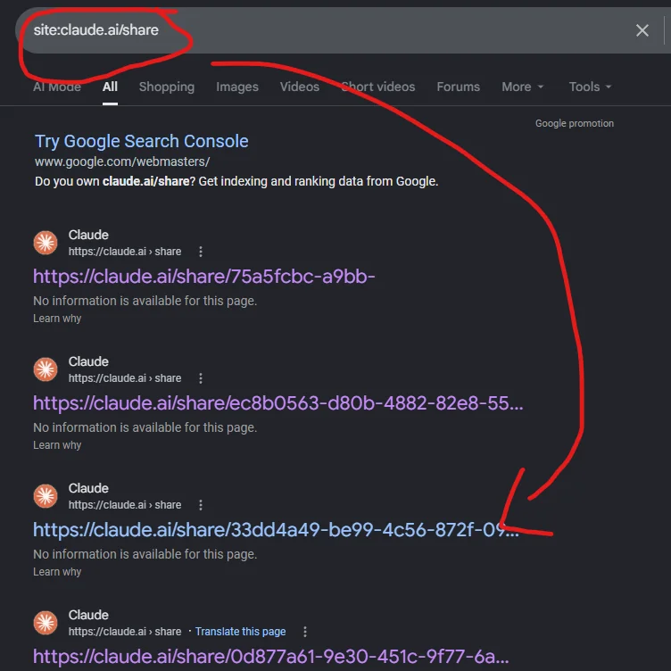 Captura de tela da busca no Google mostra “site:claude.ai/share” com links diretos para chats compartilhados, incluindo URLs longas