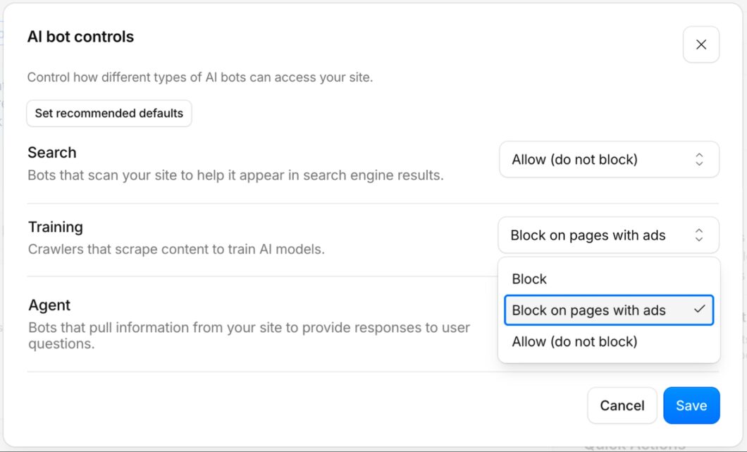 Painel da Cloudflare para bloqueio de bots