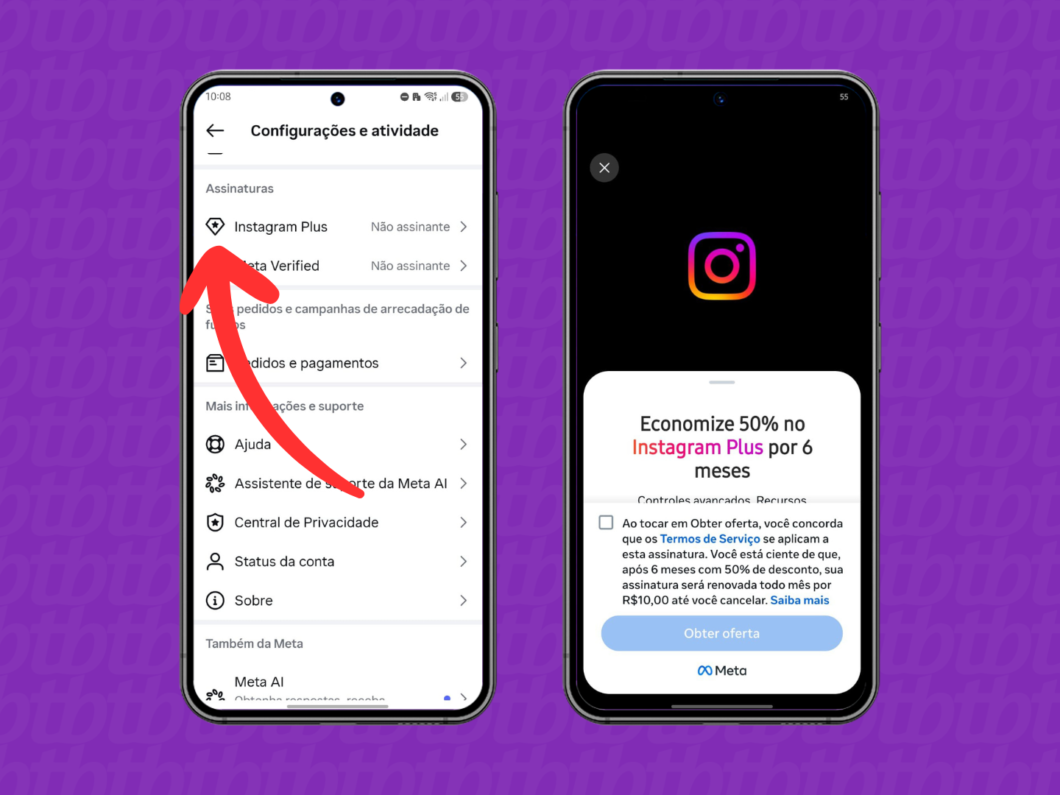 A assinatura do Instagram Plus disponível no menu de configurações do app e uma oferta de 50% de desconto