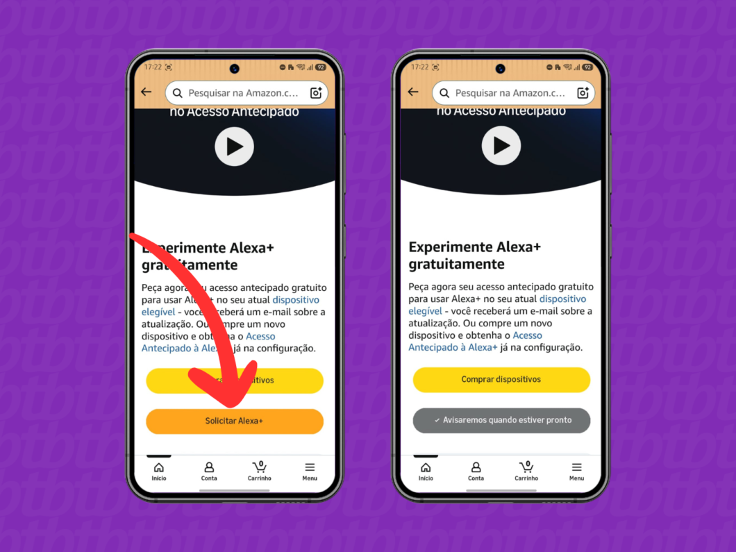 Tela do celular mostrando “Experimente Alexa+ gratuitamente” e o botão “Solicitar Alexa+” no acesso antecipado