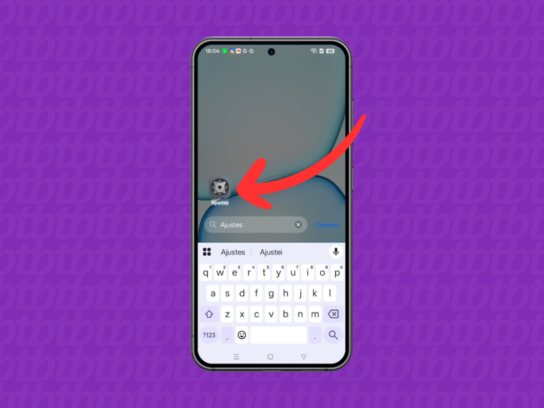 Acessando os “Ajustes” no celular Realme, com busca pelo app “Ajustes”
