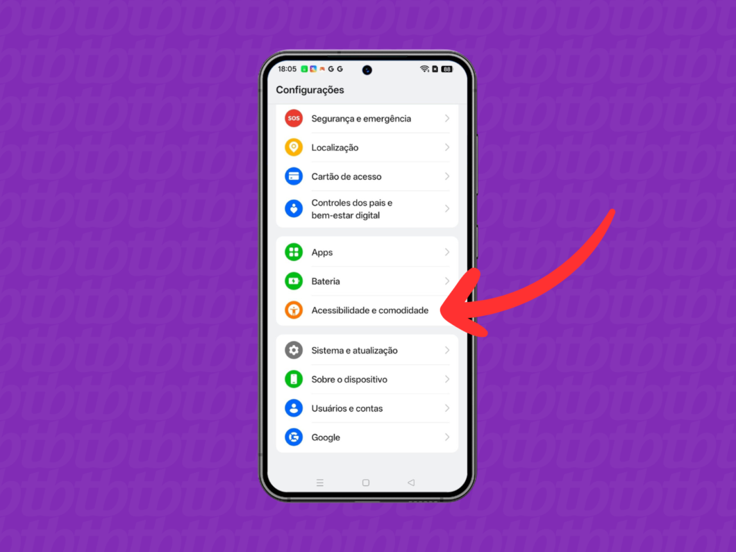 Menu “Acessibilidade e comodidade” aberto nas Configurações do celular Realme, com seta apontando para a opção