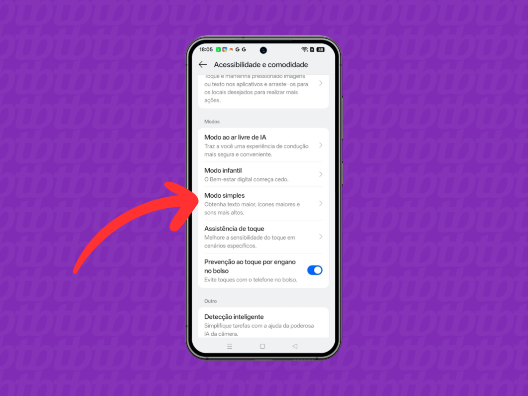 Tela de “Acessibilidade e comodidade” com “Modo simples” selecionado no Realme