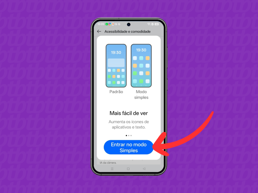 Tela do Realme em “Acessibilidade e comodidade” com o botão “Entrar no modo Simples” para ativar o Modo Simples