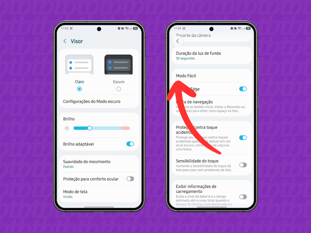 Acessando a área “Modo Fácil” nas configurações de acessibilidade do celular Samsung, com o botão de ativação ligado/descrito