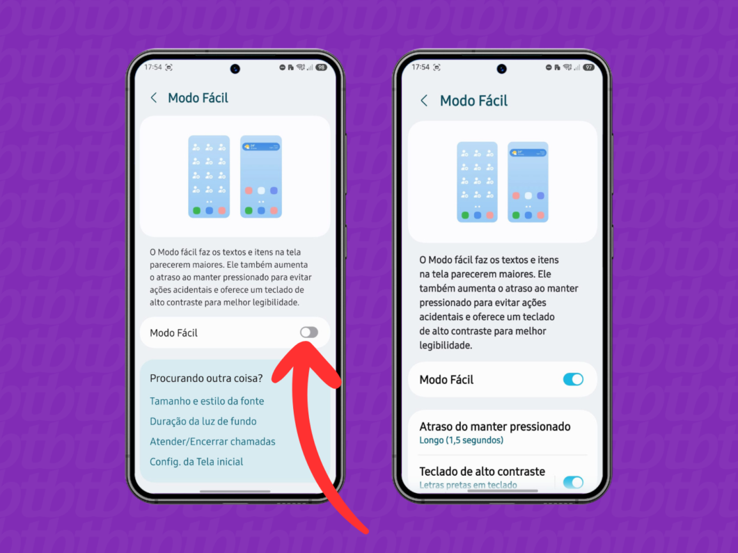 Mostra a ativação do “Modo Fácil” nas configurações de acessibilidade do Samsung, com o botão ligado