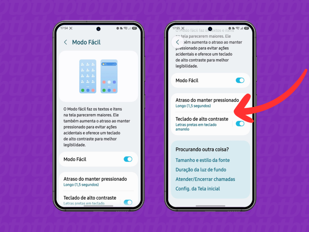 Ajustes do Modo Fácil no celular Samsung, com as opções Ativar, Atraso do manter pressionado e Teclado de alto contraste