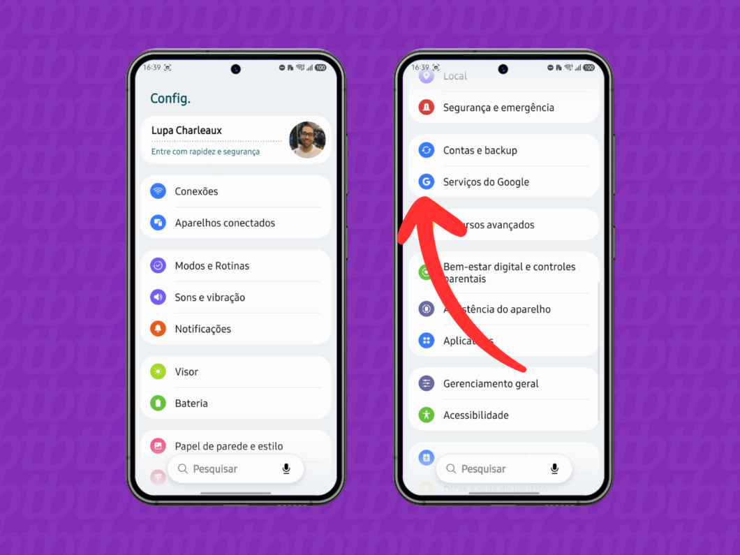 Celulares mostrando o menu “Serviços do Google” nas configurações do Android (lupa Charleaux/Tecnoblog)