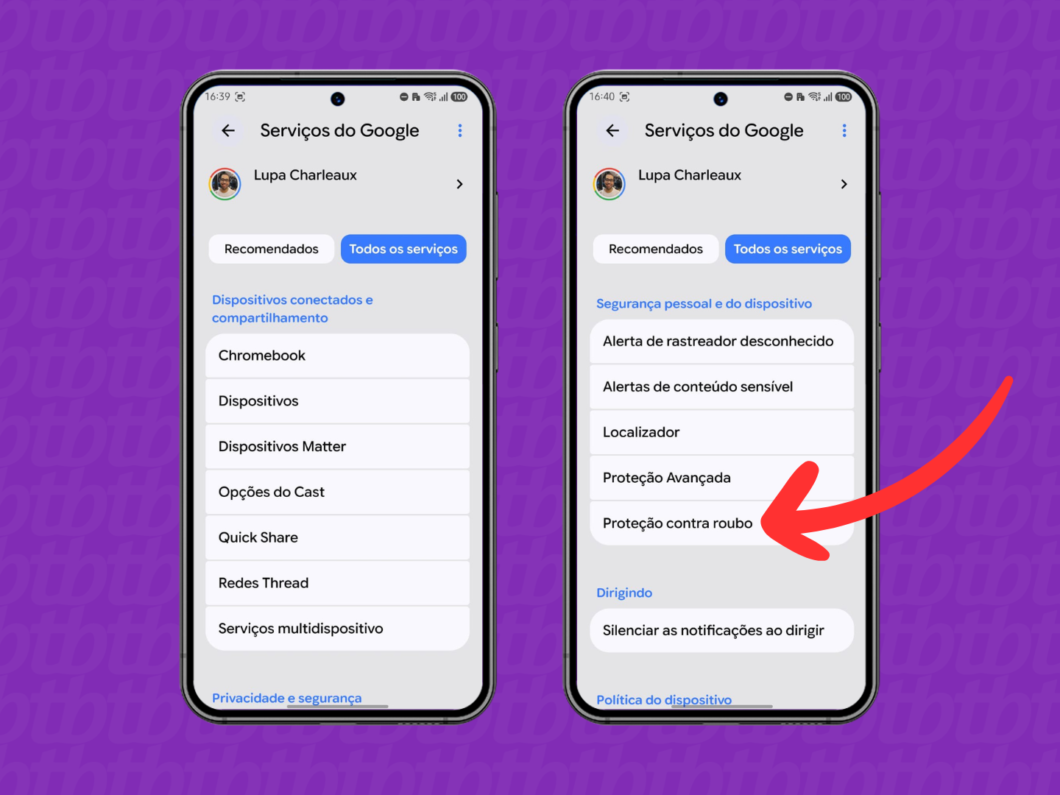 Abrindo o menu “Proteção contra roubo” nos “Serviços do Google” do Android