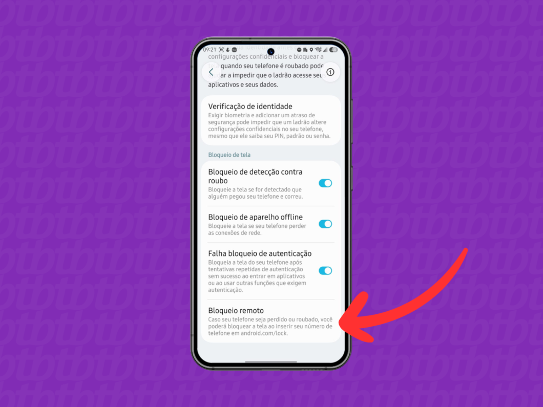 Acessando a área “Bloqueio remoto” no Android, com a descrição para bloquear a tela via android.com/lock
