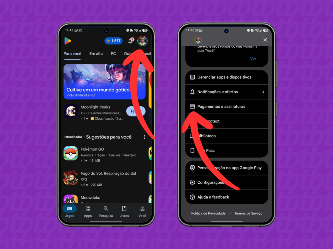 Abrindo a área “Pagamentos e assinaturas” na Google Play Store do Android (imagem: Lupa Charleaux/Tecnoblog)