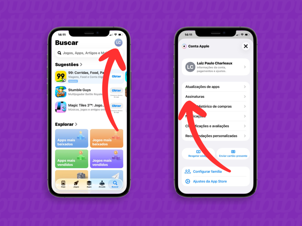 Acessando a aba Assinaturas na App Store do iPhone para gerenciar assinaturas do Apple ID