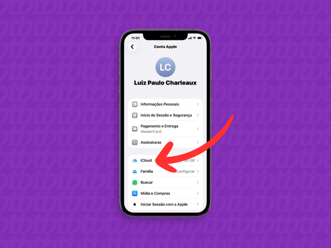 Tela de “Conta Apple” no iPhone com o menu “iCloud” destacado, para acessar as configurações do iCloud