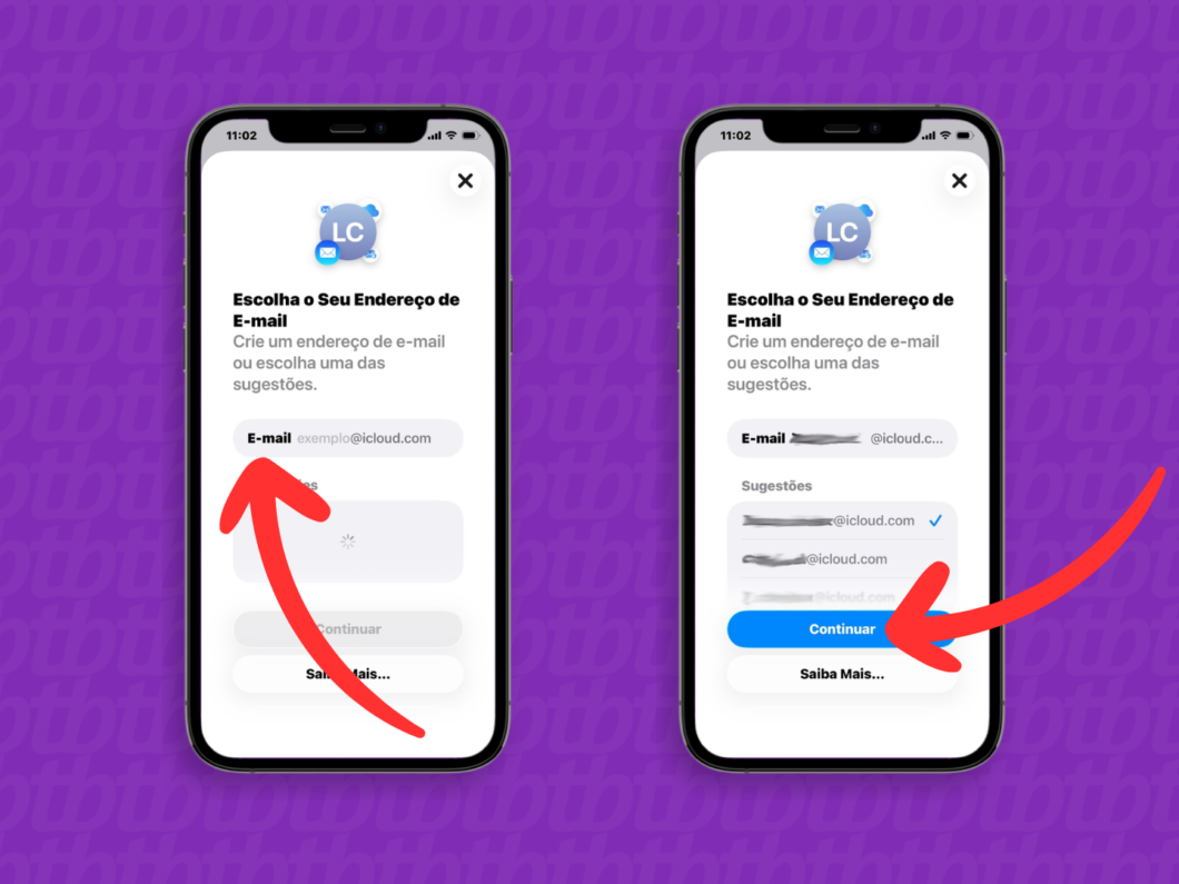 Tela do iPhone mostrando “Escolha o seu endereço de e-mail” para criar um endereço no iCloud Mail @icloud.com