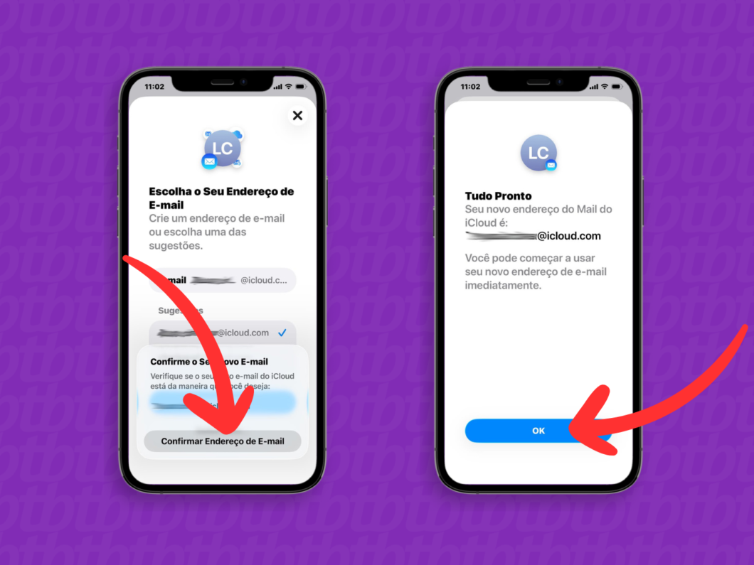 Confirmação da criação do endereço do iCloud Mail no iPhone, mostrando o e-mail @icloud.com e o botão OK