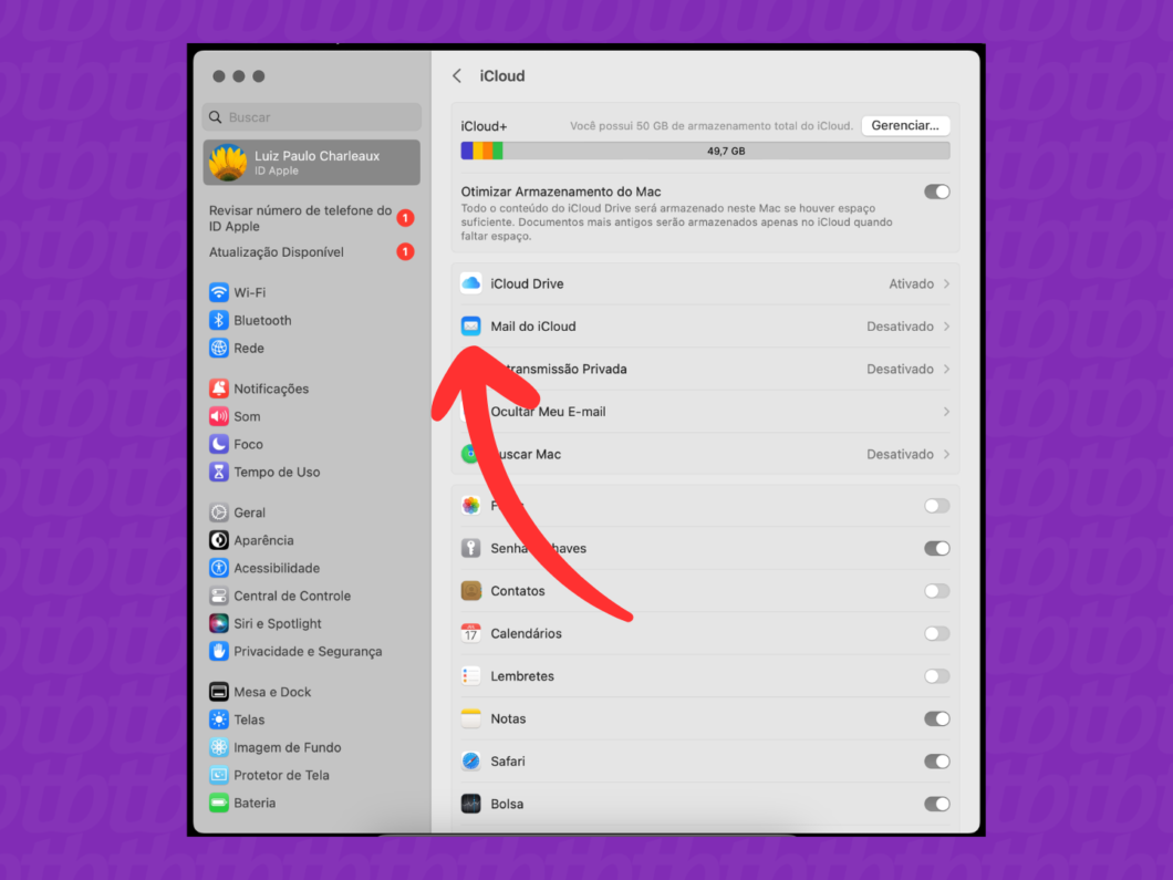 Acessando “Mail do iCloud” nas configurações do iCloud no Mac