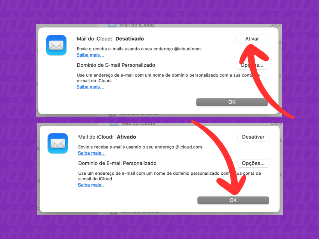 Tela de ativação do “Mail do iCloud” no macOS, com botão “Ativar” e “OK” para confirmar
