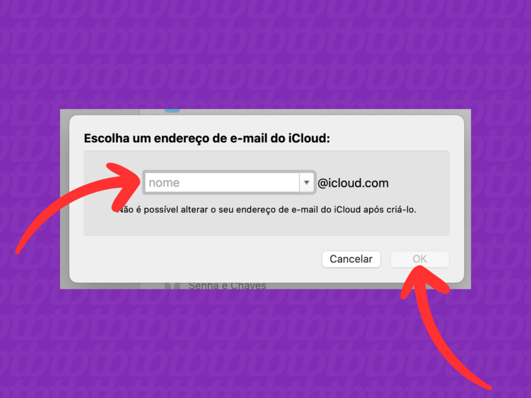 Escolhendo um endereço para o iCloud Mail no campo @icloud.com, com botões Cancelar e OK