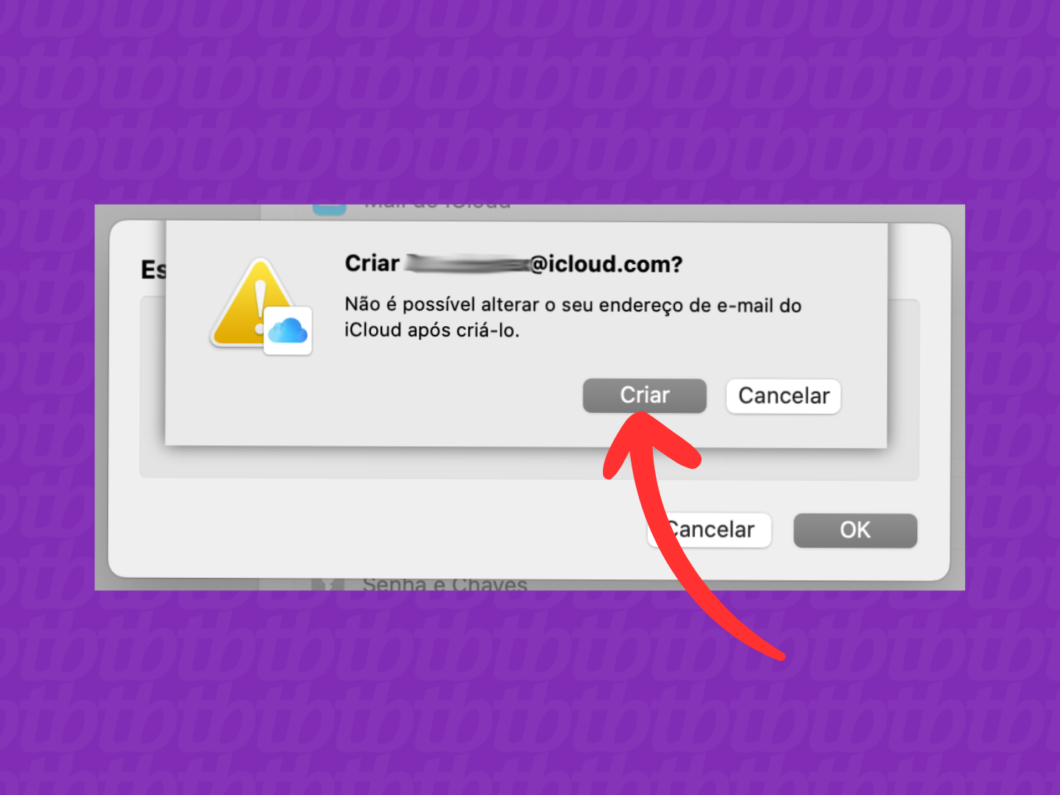 Confirmação da criação do iCloud Mail no Mac, com mensagem sobre @icloud.com não poder ser alterado