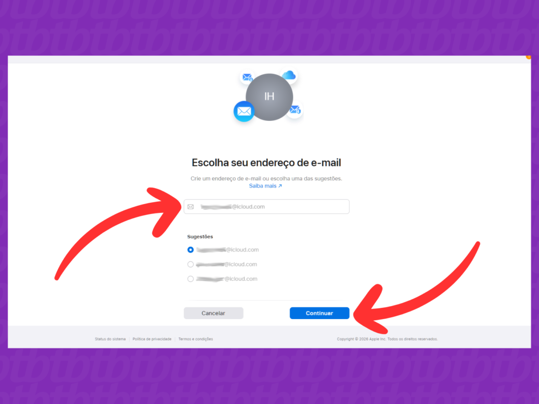 Tela do iCloud Mail para definir o endereço de e-mail @icloud.com e continuar