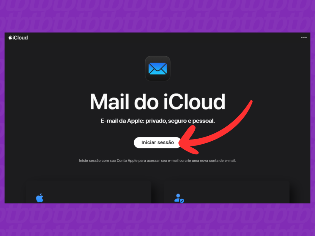 Tela de login do Mail do iCloud (icloud.com) com botão “Iniciar sessão”