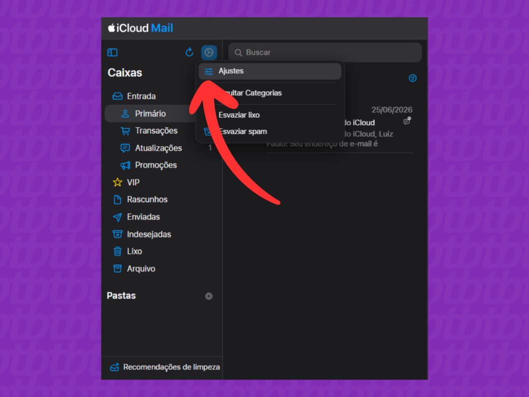 Selecionando a opção “Ajustes” no Mail do iCloud para abrir as configurações