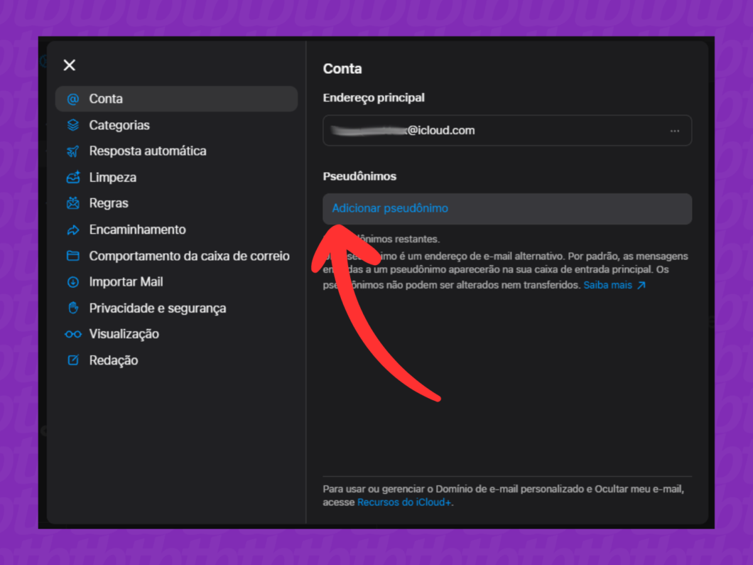 Selecionando “Adicionar pseudônimo” nas configurações do iCloud Mail (Conta)