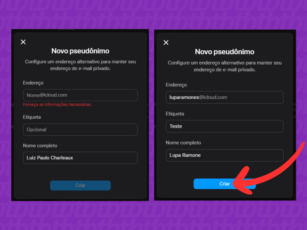 Tela do iCloud Mail com formulário “Novo pseudônimo” (campos Endereço, Etiqueta e Nome completo) para criar um alias